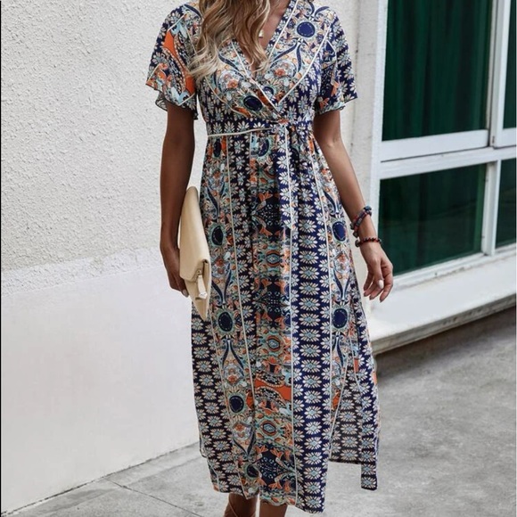 Boho Tribal Floral Print V Neck Side Slit Belted Maxi Dress - Picture 3 of 6